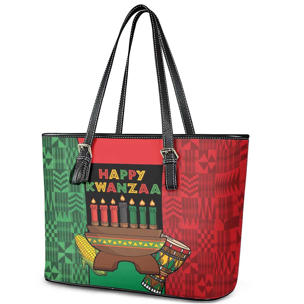 Happy Kwanzaa Leather Tote Bag Kinara With Kente Pattern - Wonder Print Shop