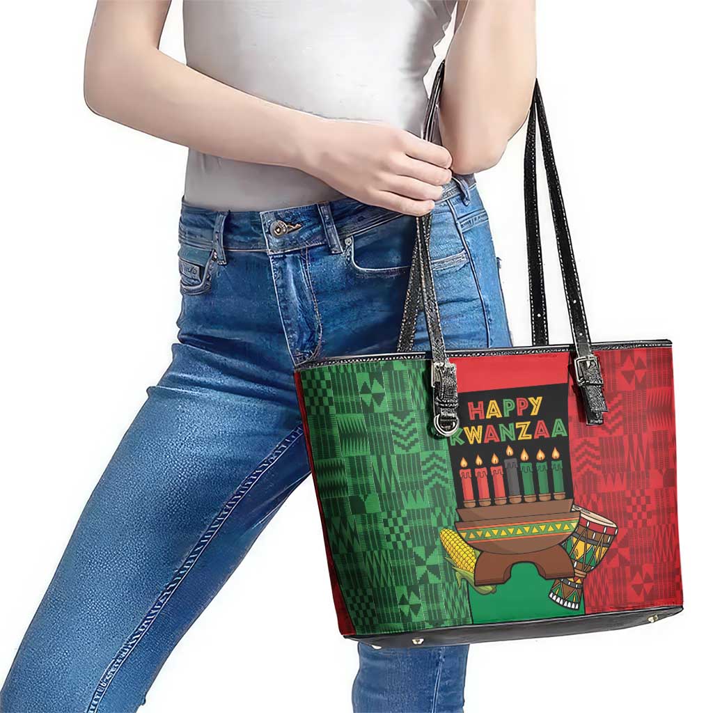 Happy Kwanzaa Leather Tote Bag Kinara With Kente Pattern - Wonder Print Shop