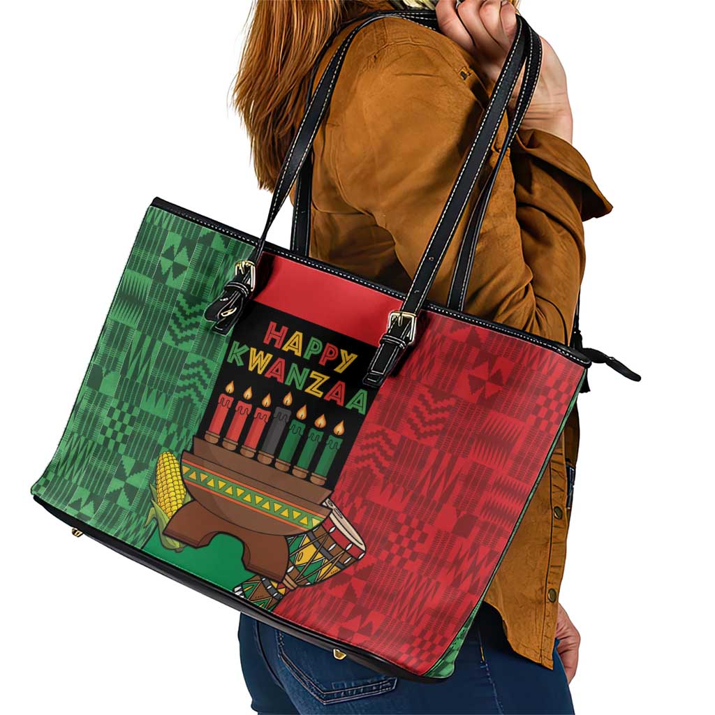 Happy Kwanzaa Leather Tote Bag Kinara With Kente Pattern - Wonder Print Shop