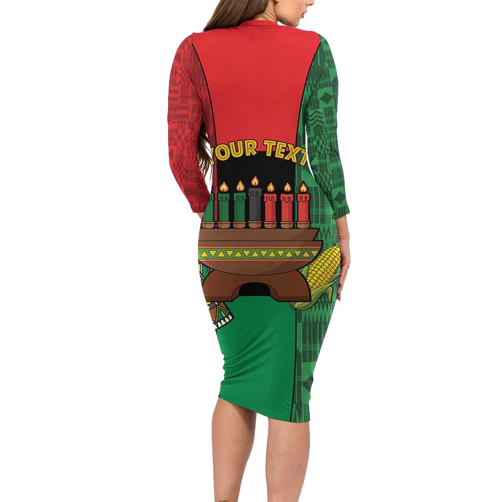 Personalized Happy Kwanzaa Long Sleeve Bodycon Dress Kinara With Kente Pattern - Wonder Print Shop