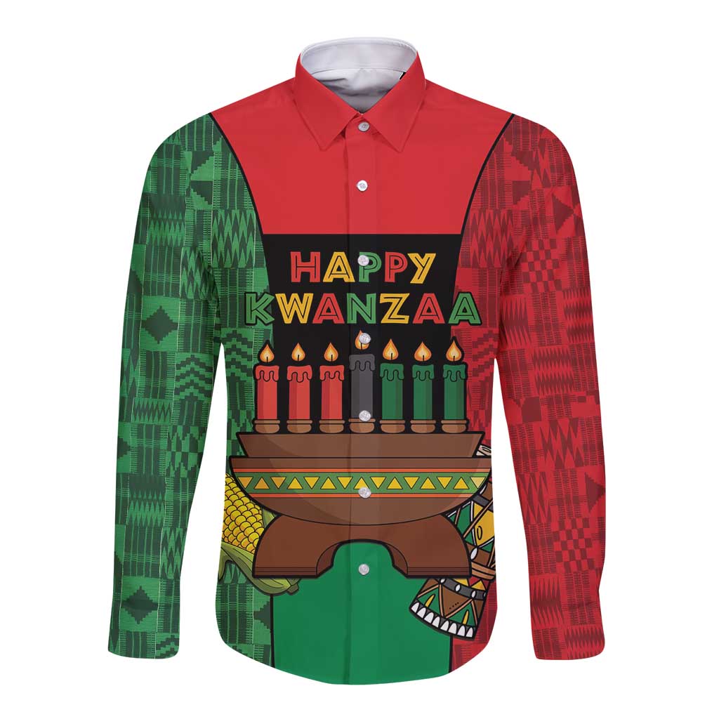 Personalized Happy Kwanzaa Long Sleeve Button Shirt Kinara With Kente Pattern - Wonder Print Shop