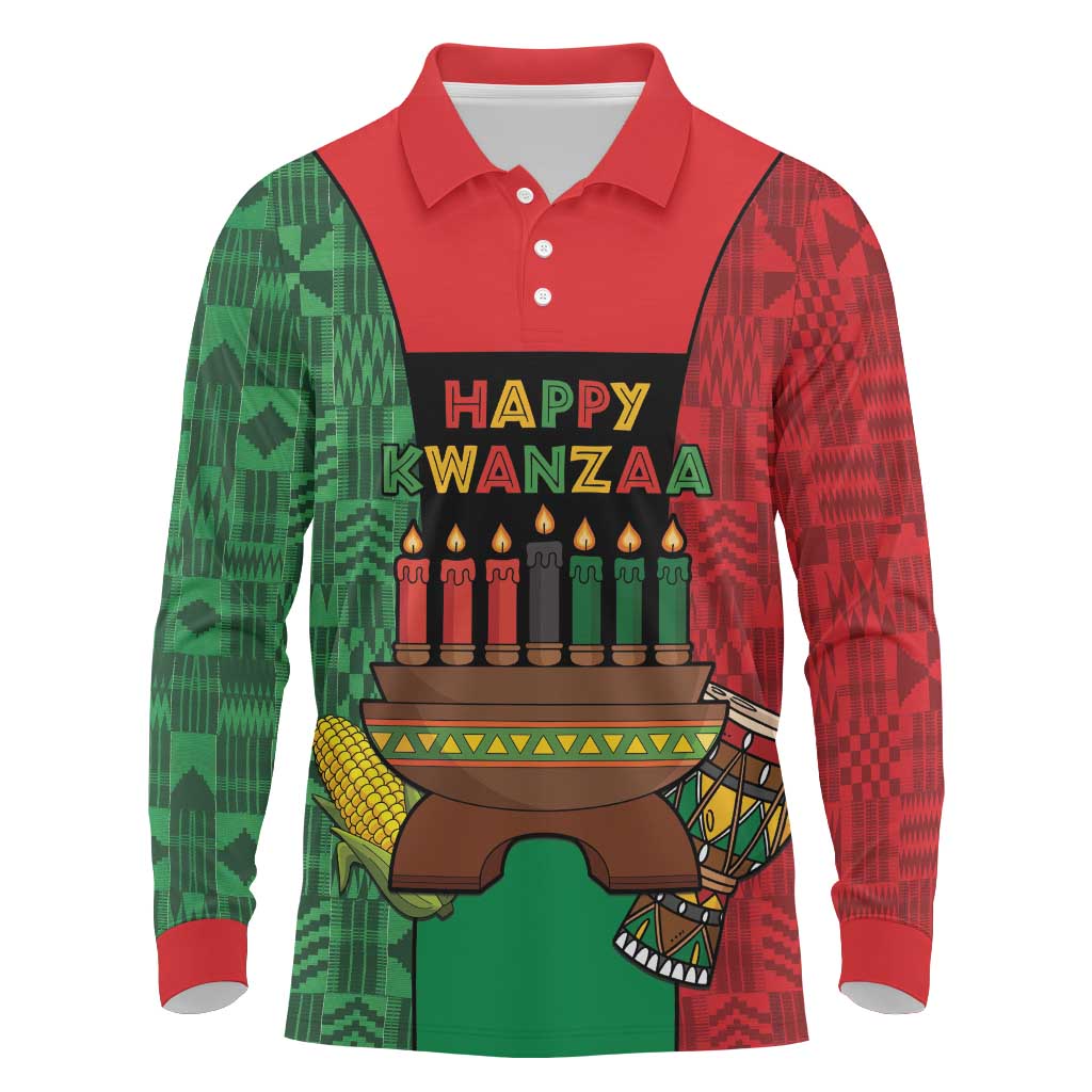 Personalized Happy Kwanzaa Long Sleeve Polo Shirt Kinara With Kente Pattern - Wonder Print Shop