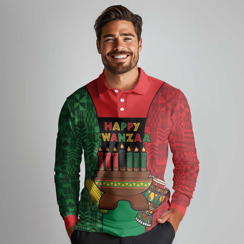 Personalized Happy Kwanzaa Long Sleeve Polo Shirt Kinara With Kente Pattern - Wonder Print Shop