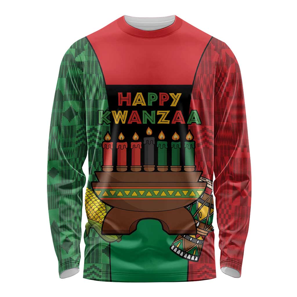 Personalized Happy Kwanzaa Long Sleeve Shirt Kinara With Kente Pattern - Wonder Print Shop