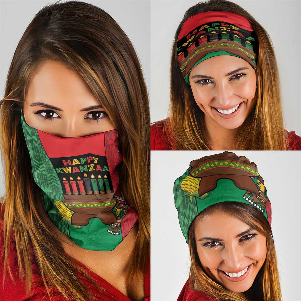 Happy Kwanzaa Neck Gaiter Kinara With Kente Pattern - Wonder Print Shop