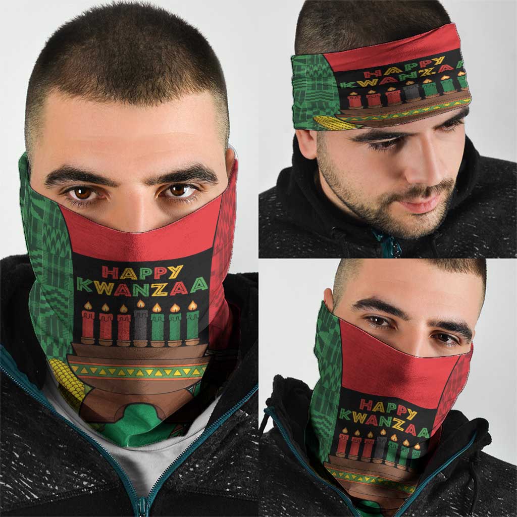 Happy Kwanzaa Neck Gaiter Kinara With Kente Pattern - Wonder Print Shop
