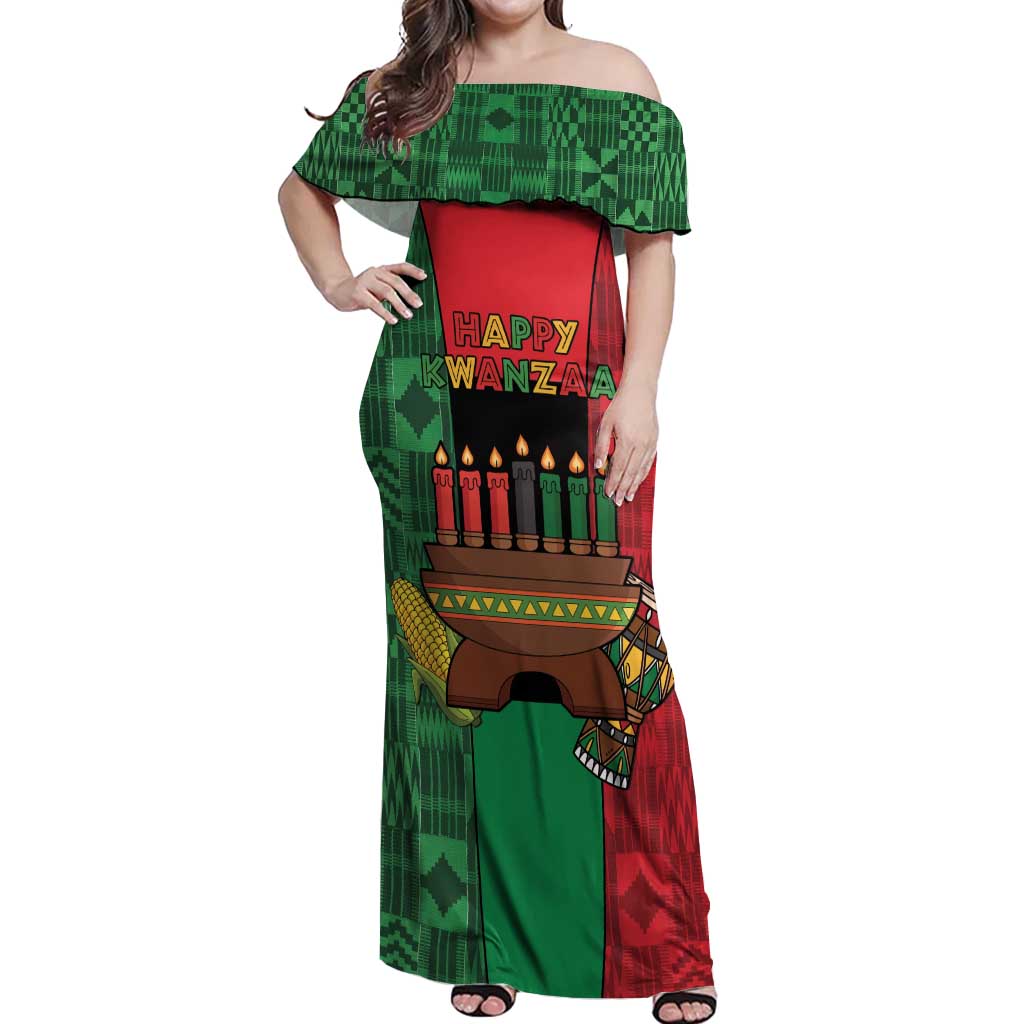 Personalized Happy Kwanzaa Off Shoulder Maxi Dress Kinara With Kente Pattern - Wonder Print Shop
