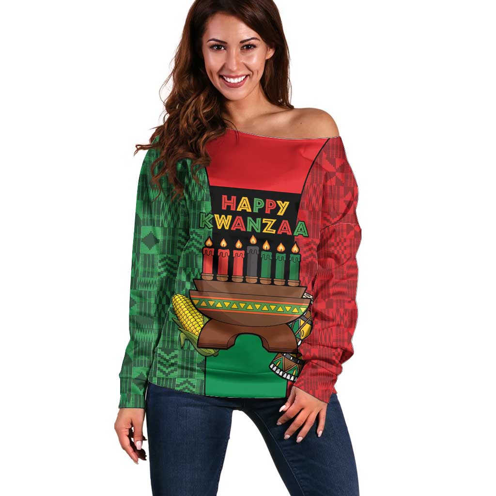 Personalized Happy Kwanzaa Off Shoulder Sweater Kinara With Kente Pattern - Wonder Print Shop