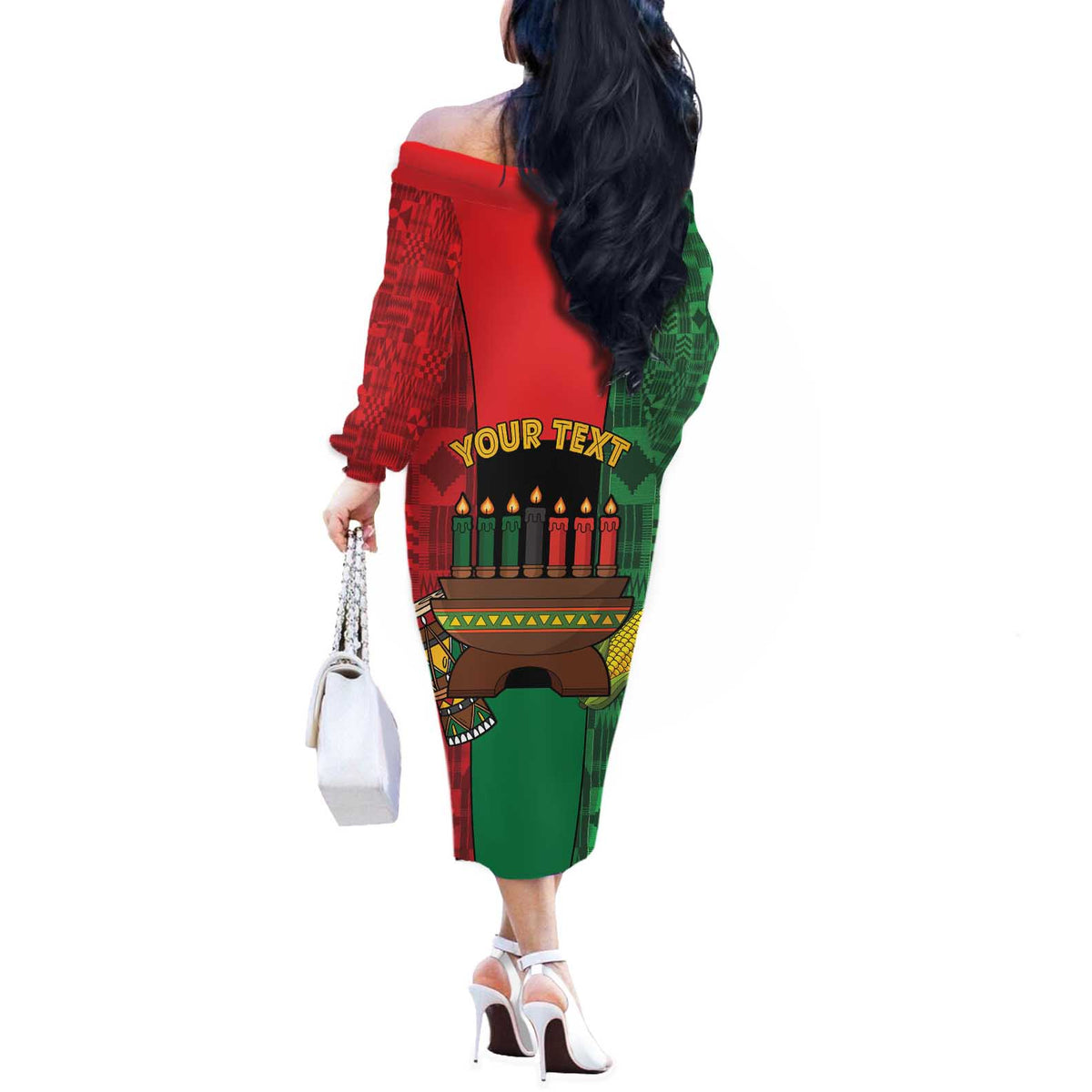 Personalized Happy Kwanzaa Off The Shoulder Long Sleeve Dress Kinara With Kente Pattern - Wonder Print Shop