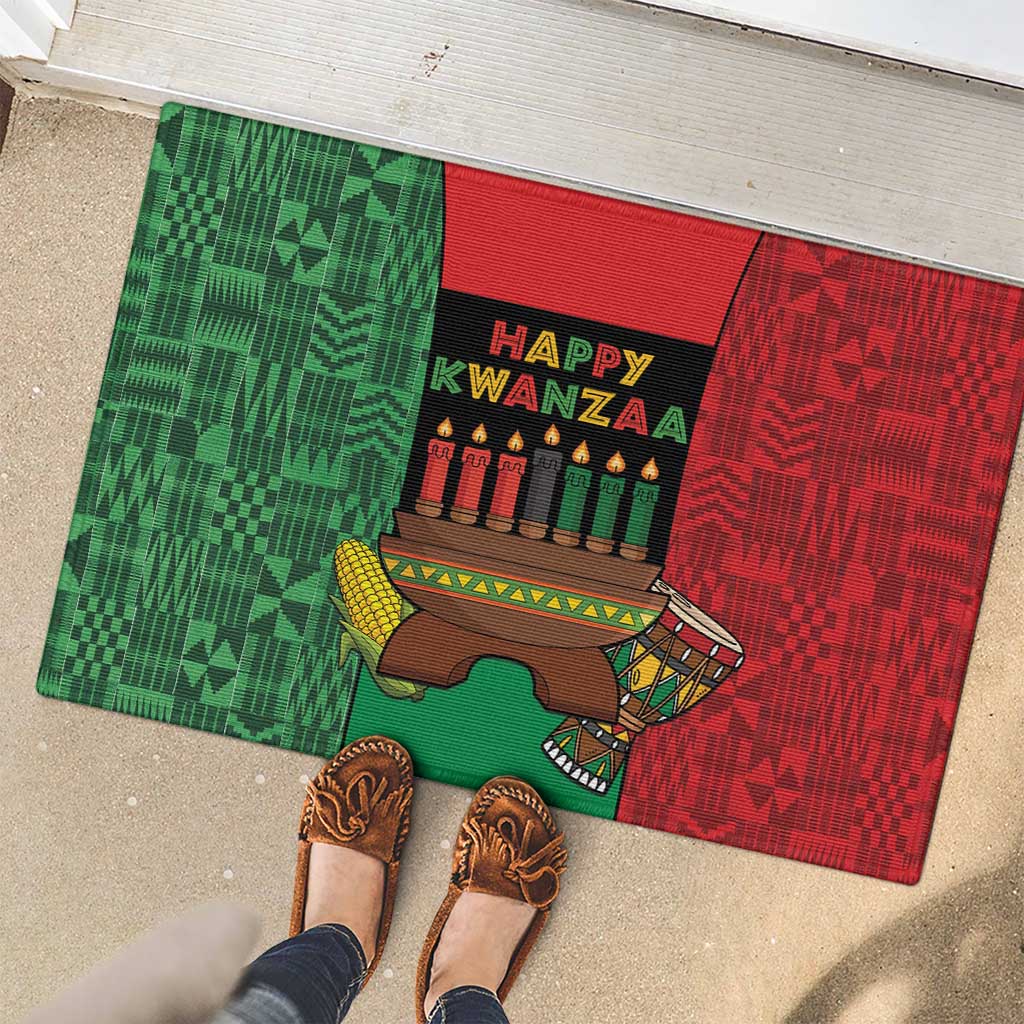 Happy Kwanzaa Rubber Doormat Kinara With Kente Pattern - Wonder Print Shop