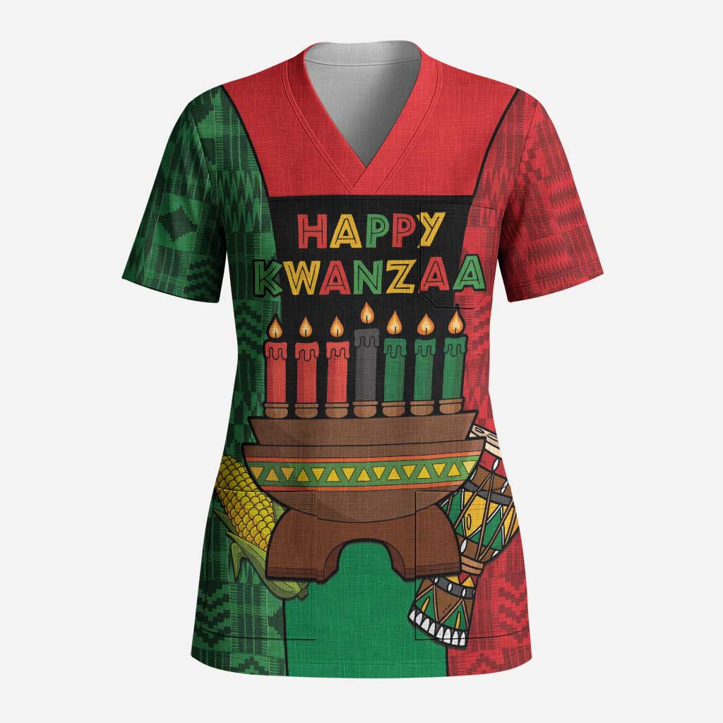 Personalized Happy Kwanzaa Scrub Top Kinara With Kente Pattern - Wonder Print Shop