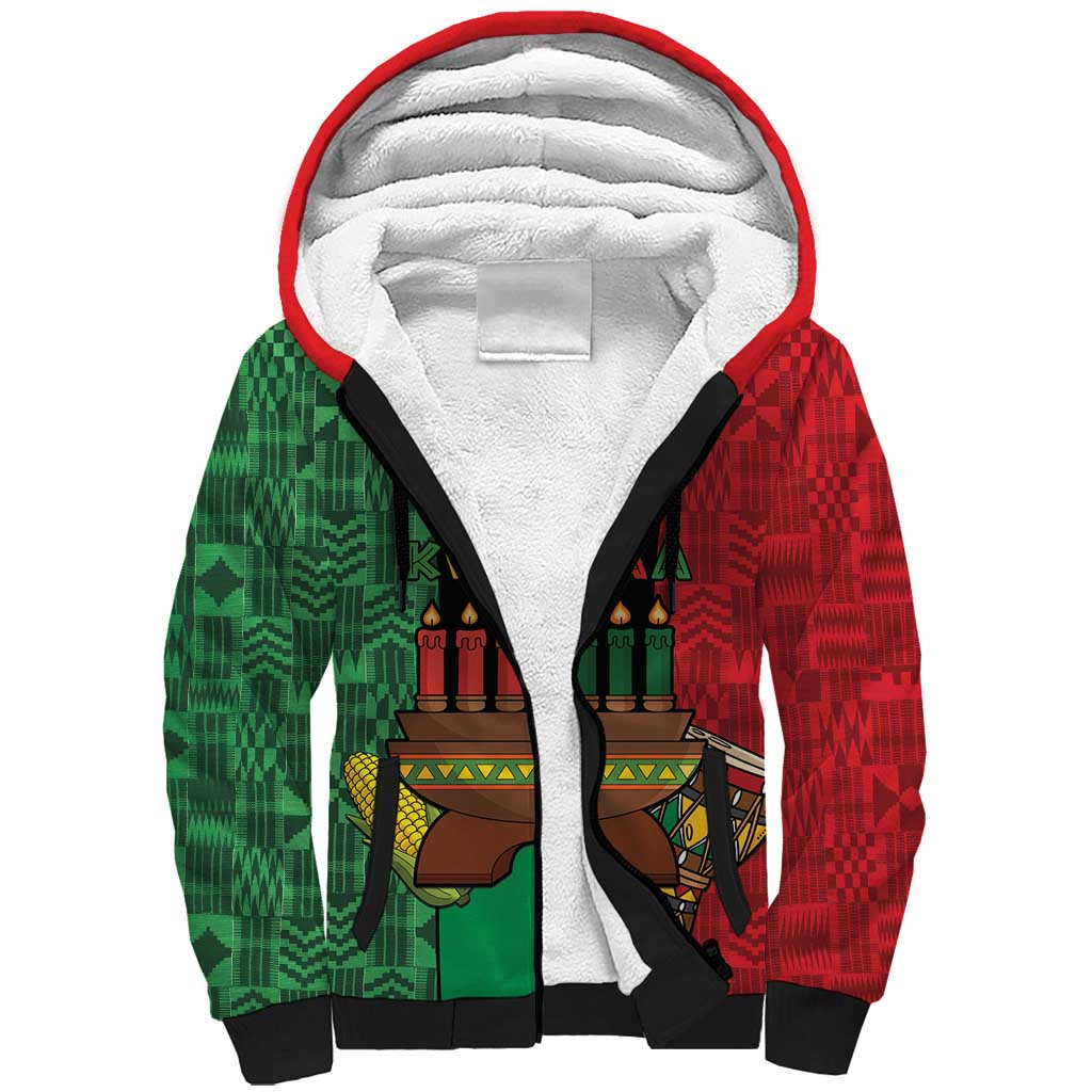 Personalized Happy Kwanzaa Sherpa Hoodie Kinara With Kente Pattern - Wonder Print Shop