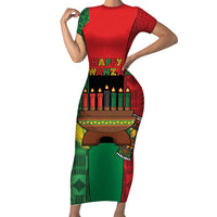 Personalized Happy Kwanzaa Short Sleeve Bodycon Dress Kinara With Kente Pattern - Wonder Print Shop