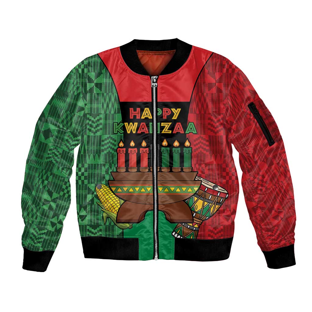 Personalized Happy Kwanzaa Sleeve Zip Bomber Jacket Kinara With Kente Pattern - Wonder Print Shop