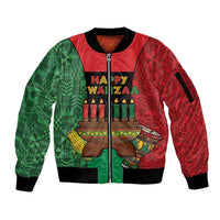 Personalized Happy Kwanzaa Sleeve Zip Bomber Jacket Kinara With Kente Pattern - Wonder Print Shop