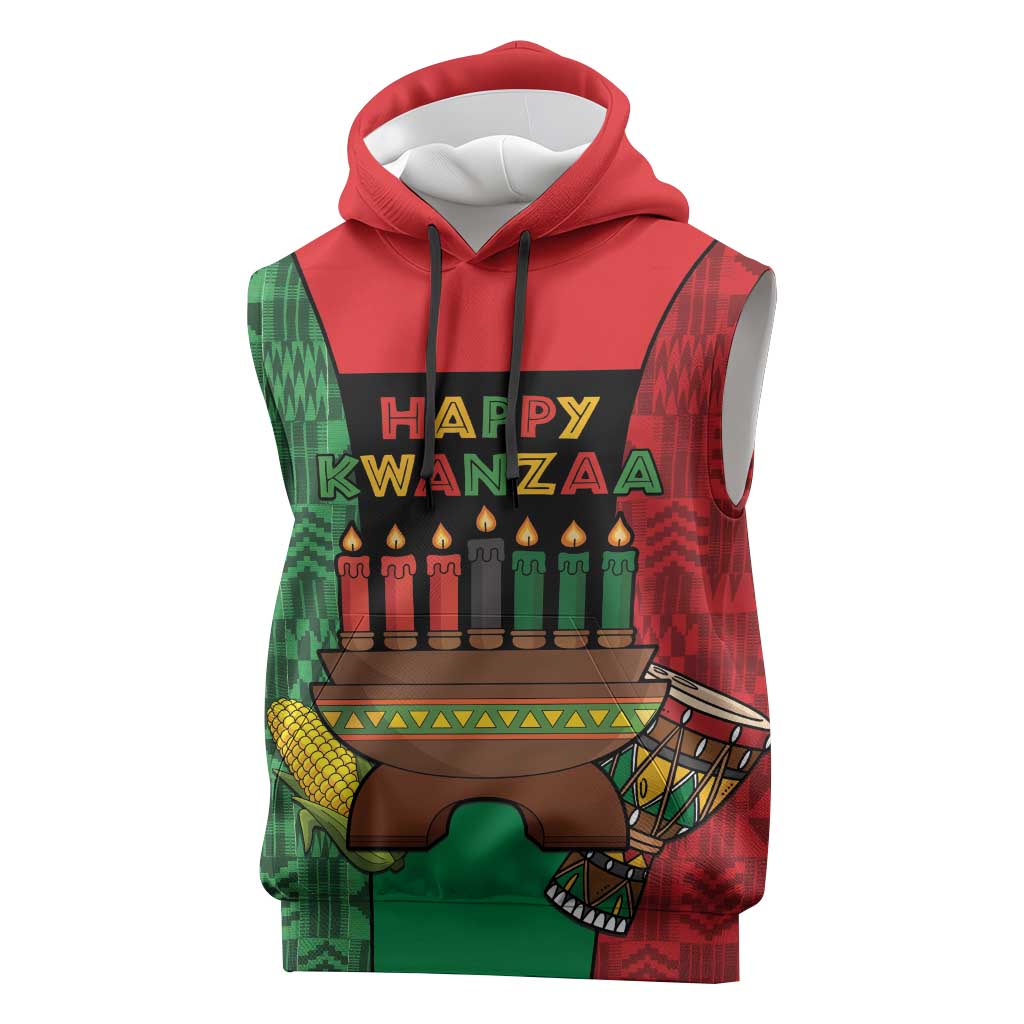 Personalized Happy Kwanzaa Sleeveless Hoodie Kinara With Kente Pattern - Wonder Print Shop