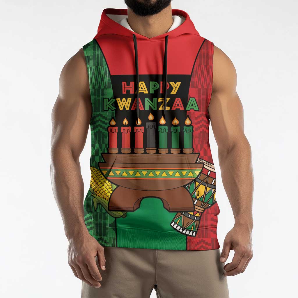 Personalized Happy Kwanzaa Sleeveless Hoodie Kinara With Kente Pattern - Wonder Print Shop