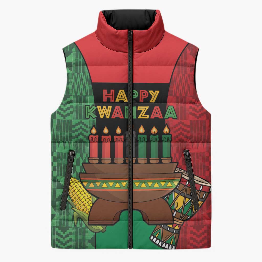 Personalized Happy Kwanzaa Sleeveless Puffer Jacket Kinara With Kente Pattern - Wonder Print Shop