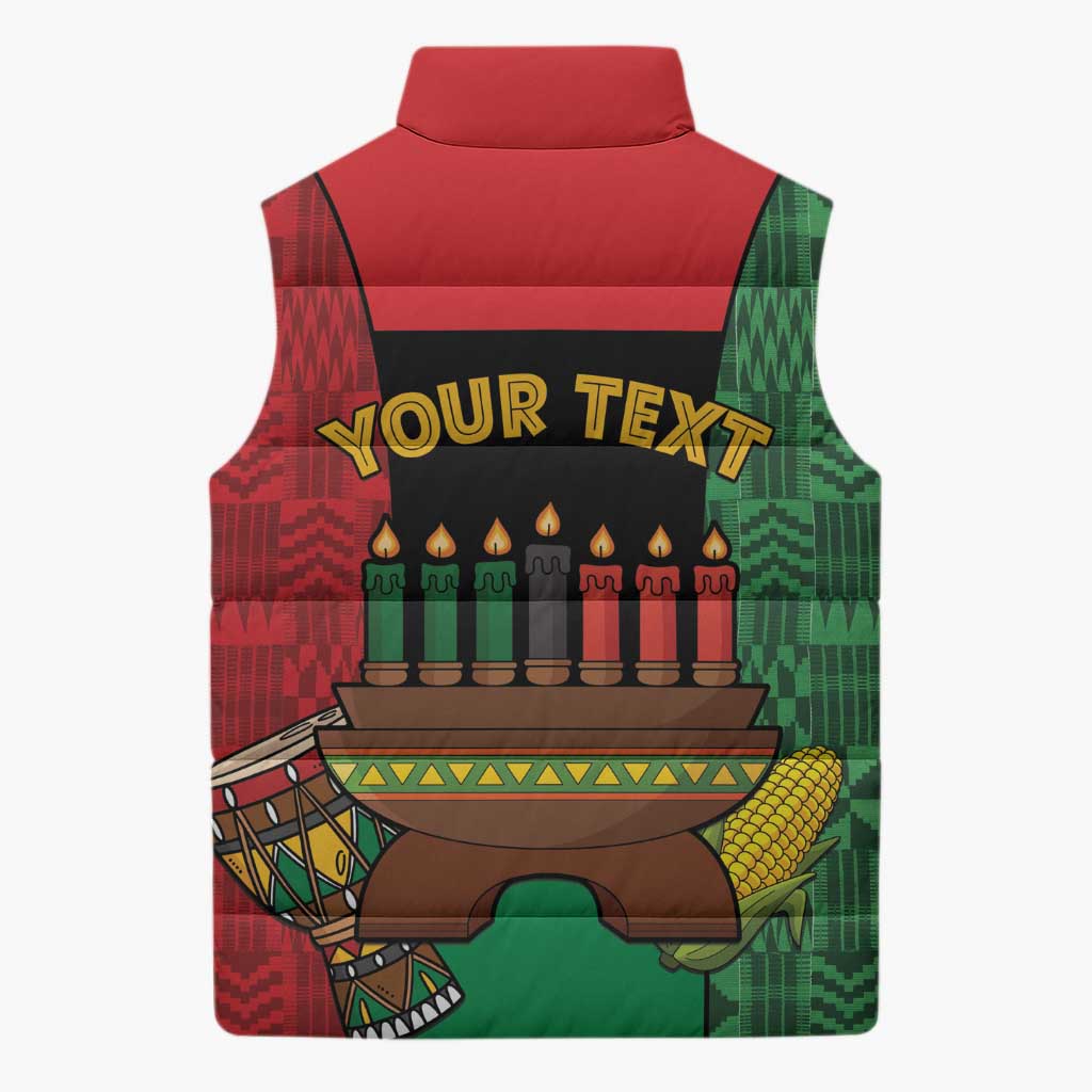 Personalized Happy Kwanzaa Sleeveless Puffer Jacket Kinara With Kente Pattern - Wonder Print Shop