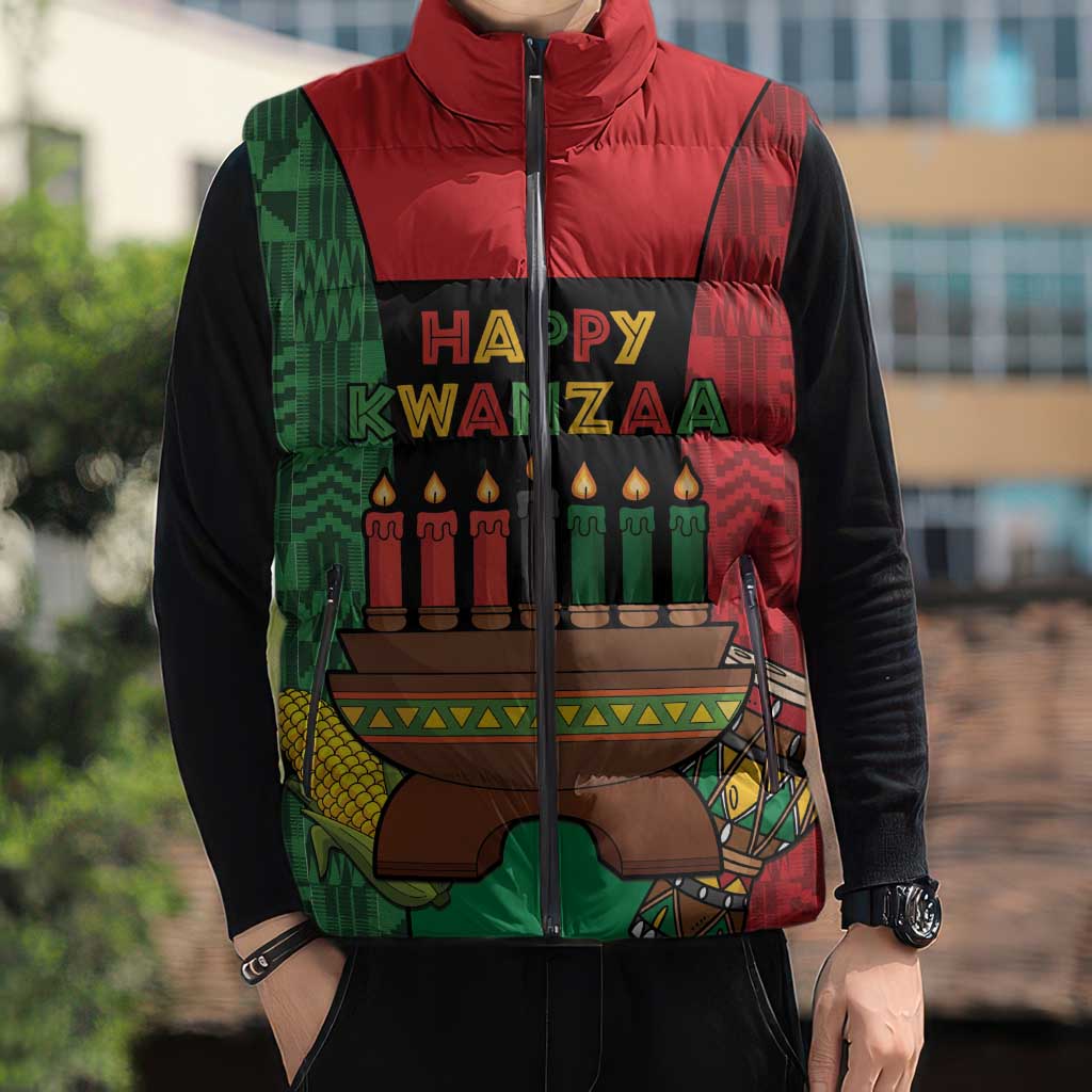 Personalized Happy Kwanzaa Sleeveless Puffer Jacket Kinara With Kente Pattern - Wonder Print Shop