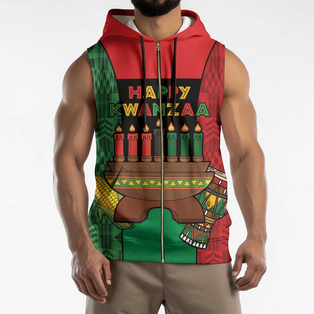 Personalized Happy Kwanzaa Sleeveless Zip Hoodie Kinara With Kente Pattern - Wonder Print Shop