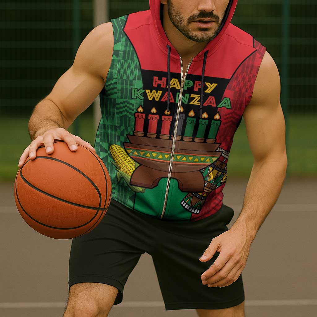 Personalized Happy Kwanzaa Sleeveless Zip Hoodie Kinara With Kente Pattern - Wonder Print Shop