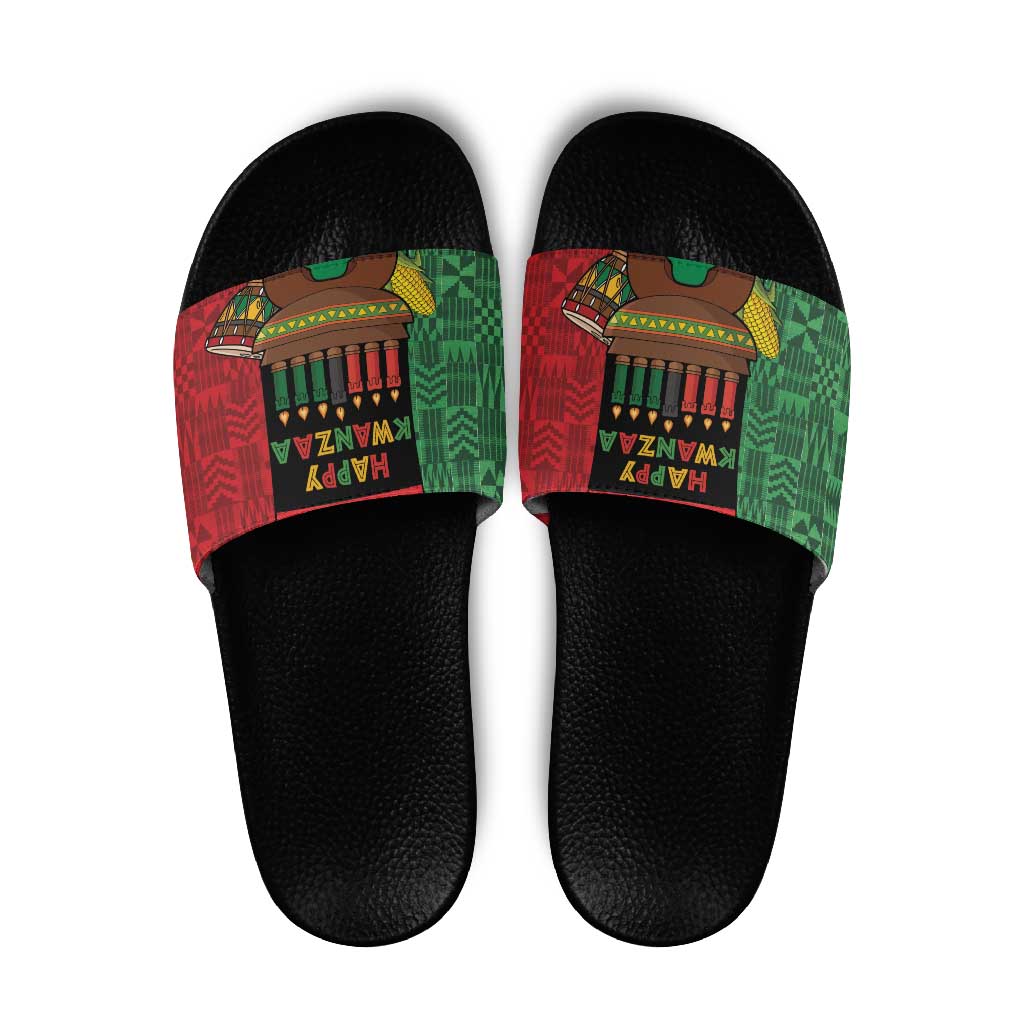 Happy Kwanzaa Slide Sandals Kinara With Kente Pattern - Wonder Print Shop