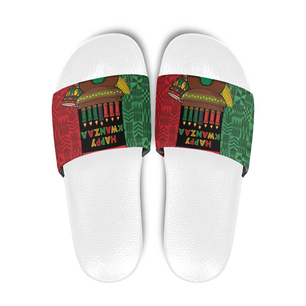 Happy Kwanzaa Slide Sandals Kinara With Kente Pattern - Wonder Print Shop