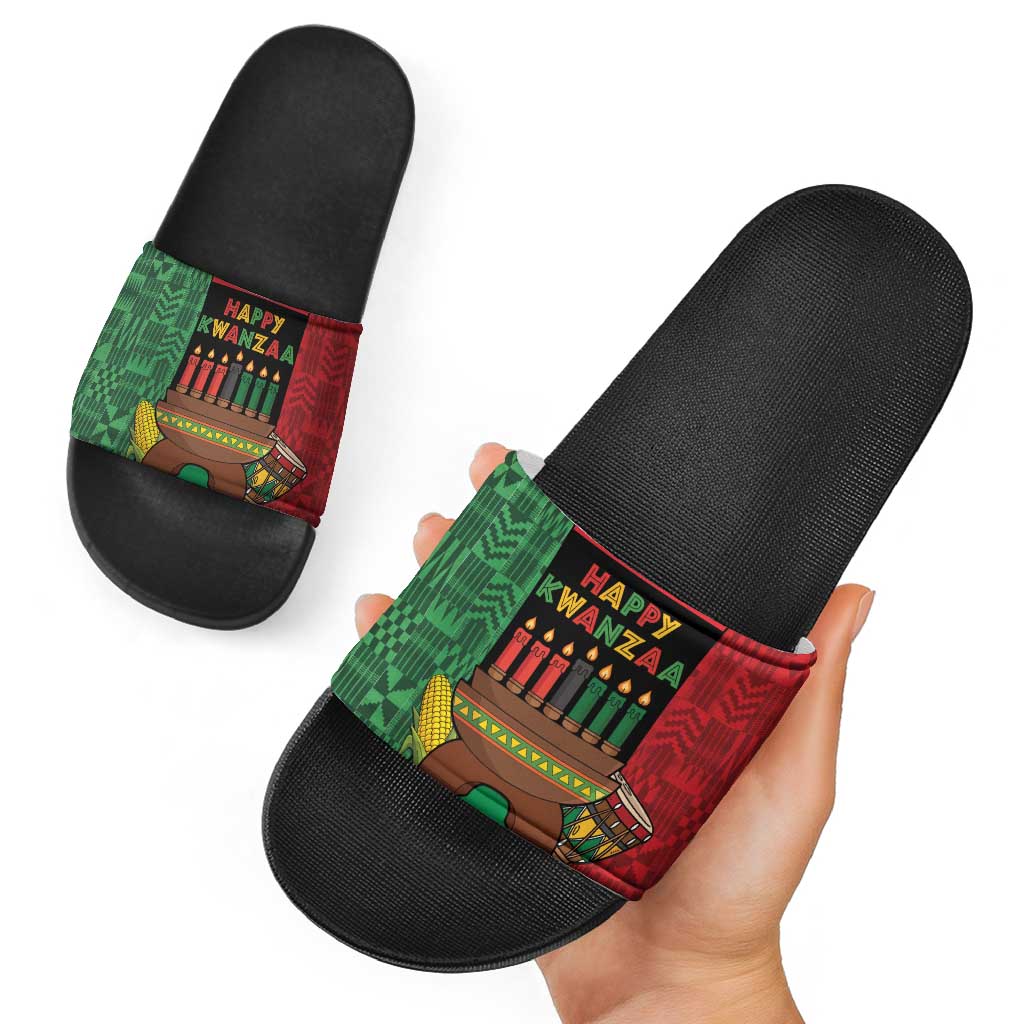 Happy Kwanzaa Slide Sandals Kinara With Kente Pattern - Wonder Print Shop
