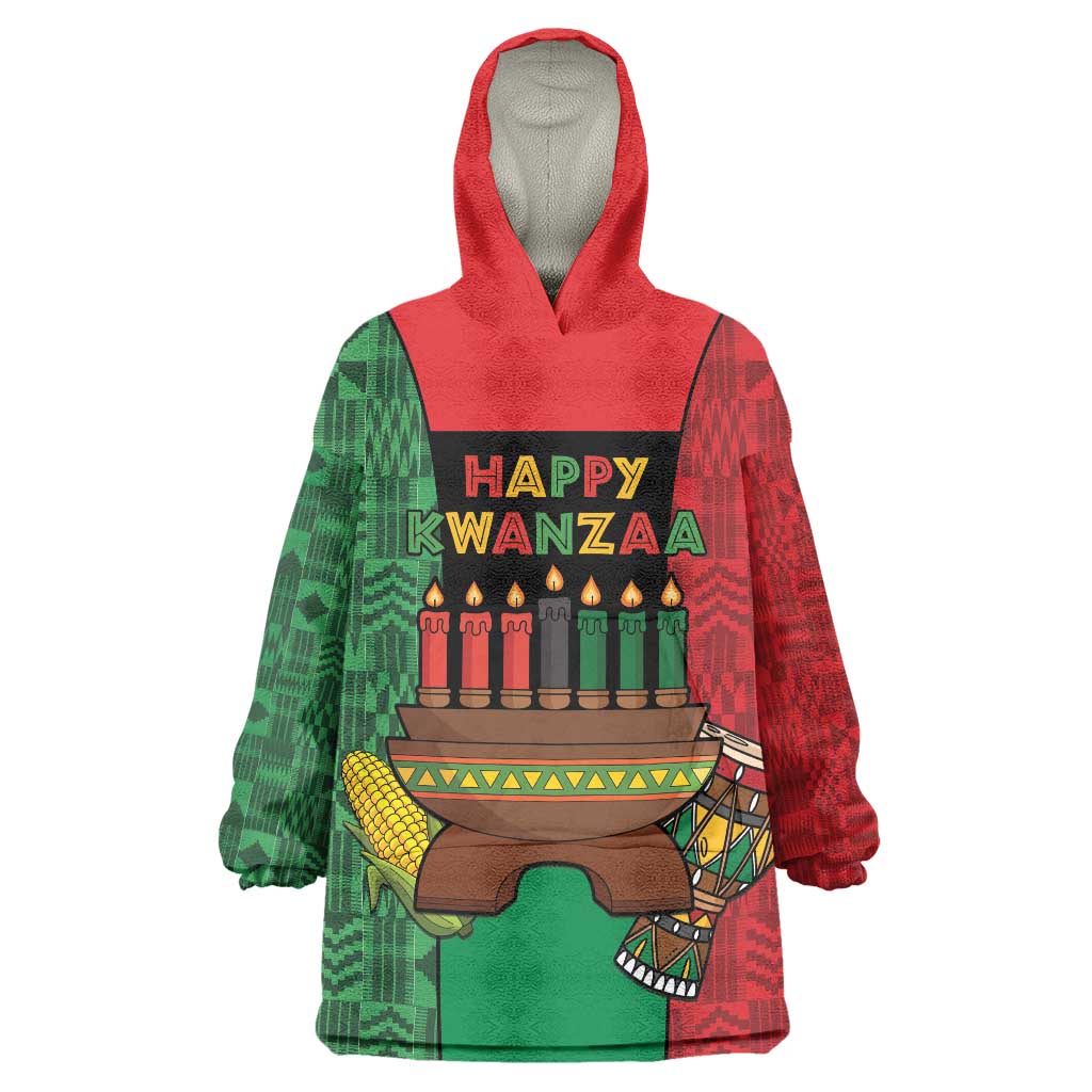Personalized Happy Kwanzaa Wearable Blanket Hoodie Kinara With Kente Pattern - Wonder Print Shop