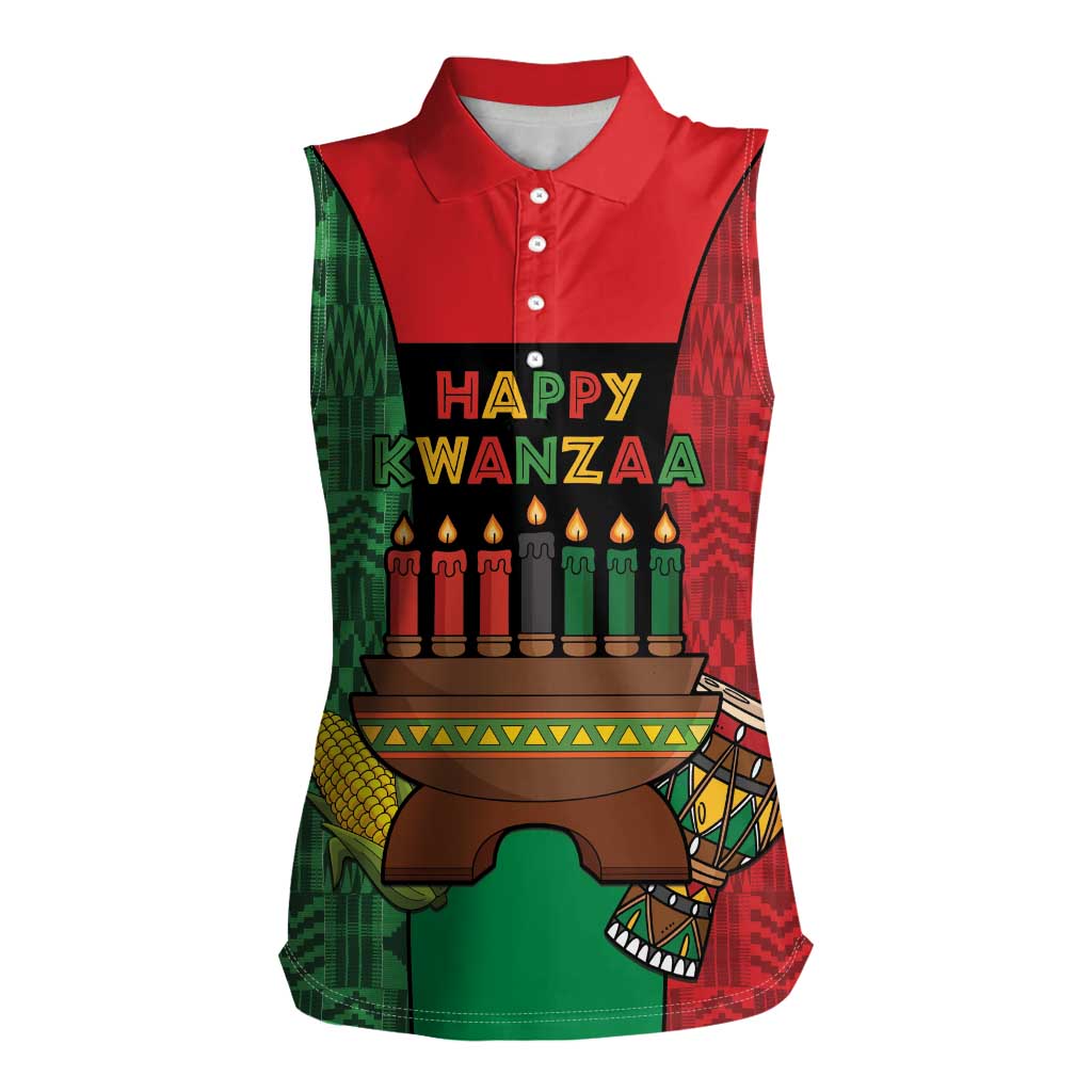 Personalized Happy Kwanzaa Women Sleeveless Polo Shirt Kinara With Kente Pattern - Wonder Print Shop
