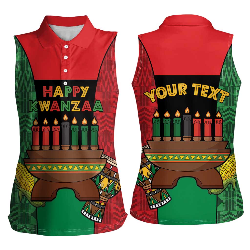Personalized Happy Kwanzaa Women Sleeveless Polo Shirt Kinara With Kente Pattern - Wonder Print Shop