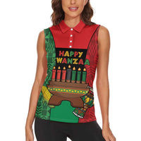 Personalized Happy Kwanzaa Women Sleeveless Polo Shirt Kinara With Kente Pattern - Wonder Print Shop