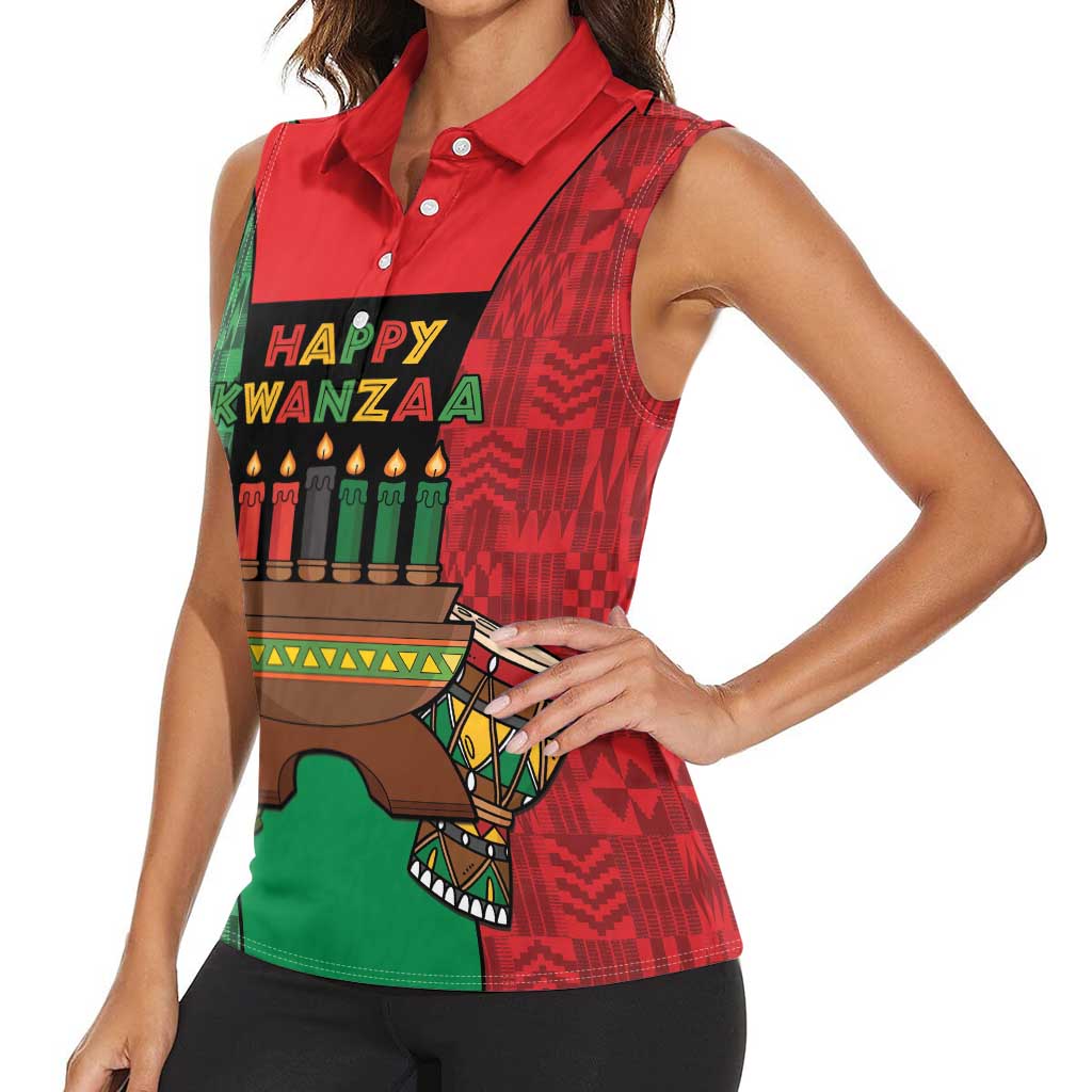 Personalized Happy Kwanzaa Women Sleeveless Polo Shirt Kinara With Kente Pattern - Wonder Print Shop