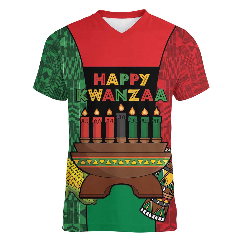 Personalized Happy Kwanzaa Women V-Neck T-Shirt Kinara With Kente Pattern - Wonder Print Shop