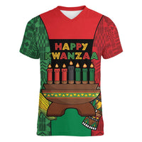 Personalized Happy Kwanzaa Women V-Neck T-Shirt Kinara With Kente Pattern - Wonder Print Shop