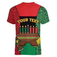 Personalized Happy Kwanzaa Women V-Neck T-Shirt Kinara With Kente Pattern - Wonder Print Shop