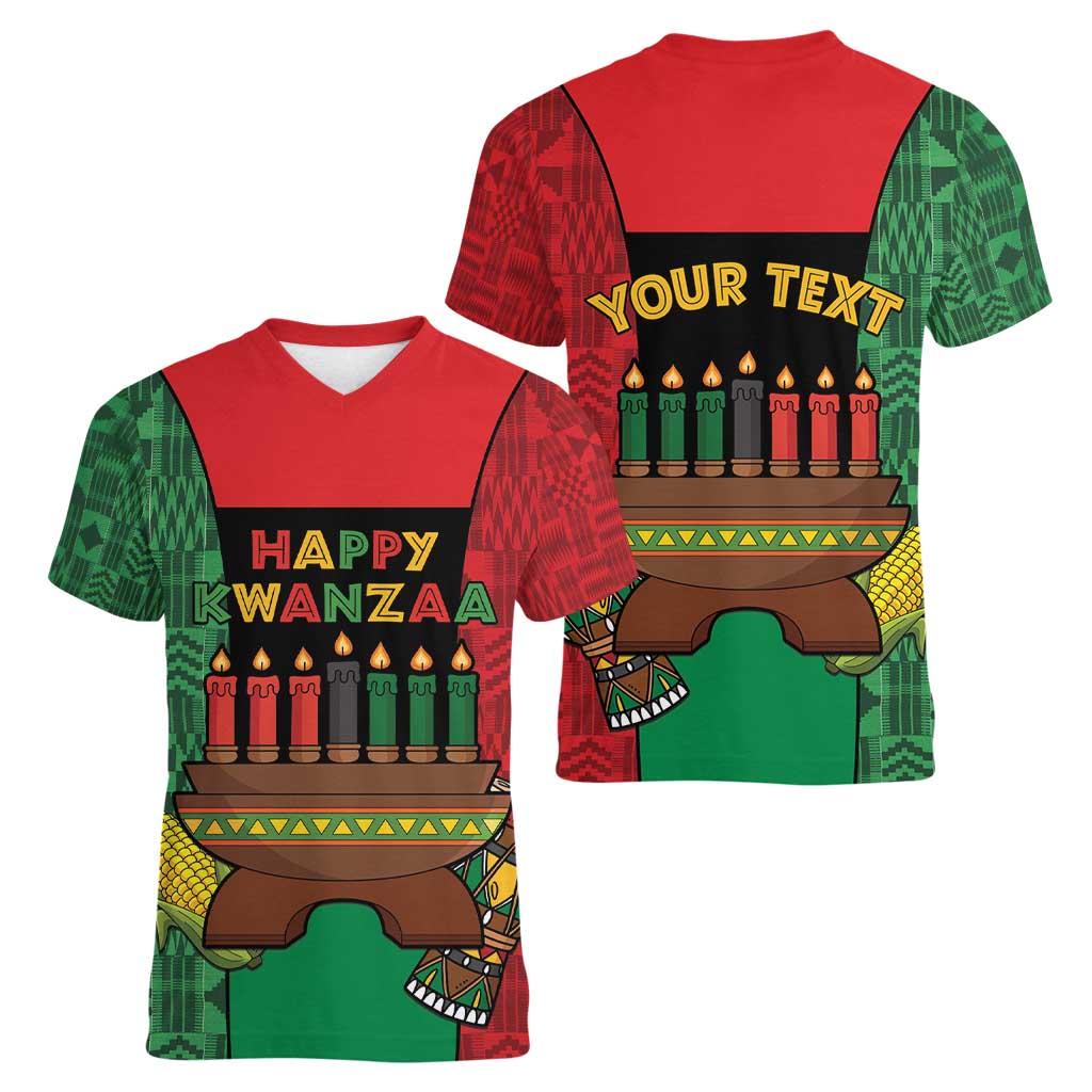 Personalized Happy Kwanzaa Women V-Neck T-Shirt Kinara With Kente Pattern - Wonder Print Shop