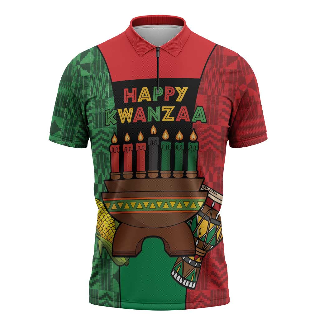 Personalized Happy Kwanzaa Zipper Polo Shirt Kinara With Kente Pattern - Wonder Print Shop
