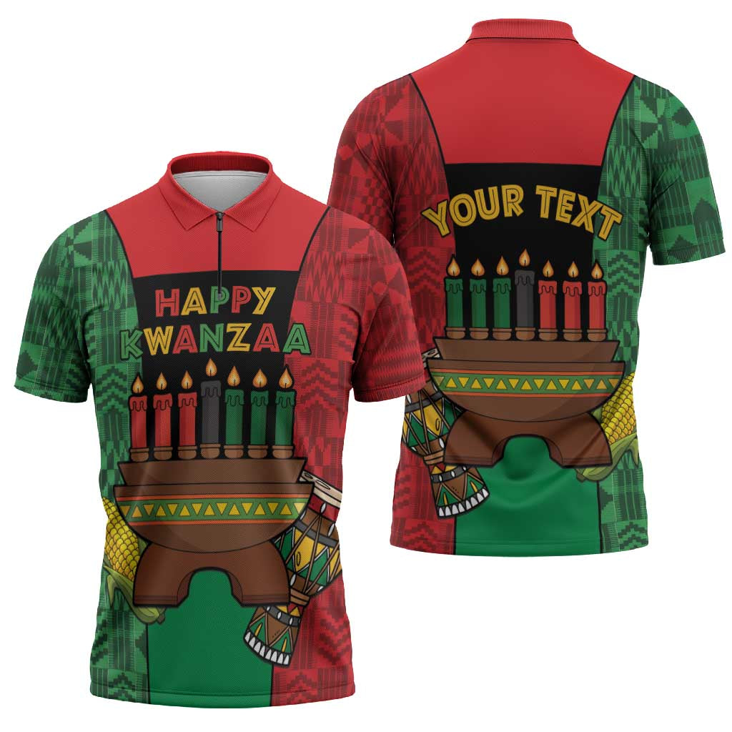 Personalized Happy Kwanzaa Zipper Polo Shirt Kinara With Kente Pattern - Wonder Print Shop