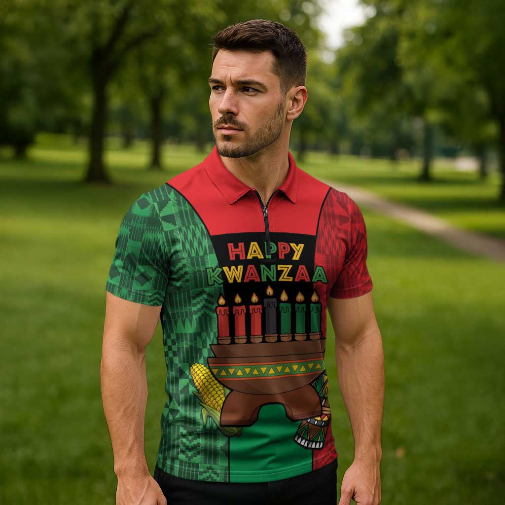 Personalized Happy Kwanzaa Zipper Polo Shirt Kinara With Kente Pattern - Wonder Print Shop