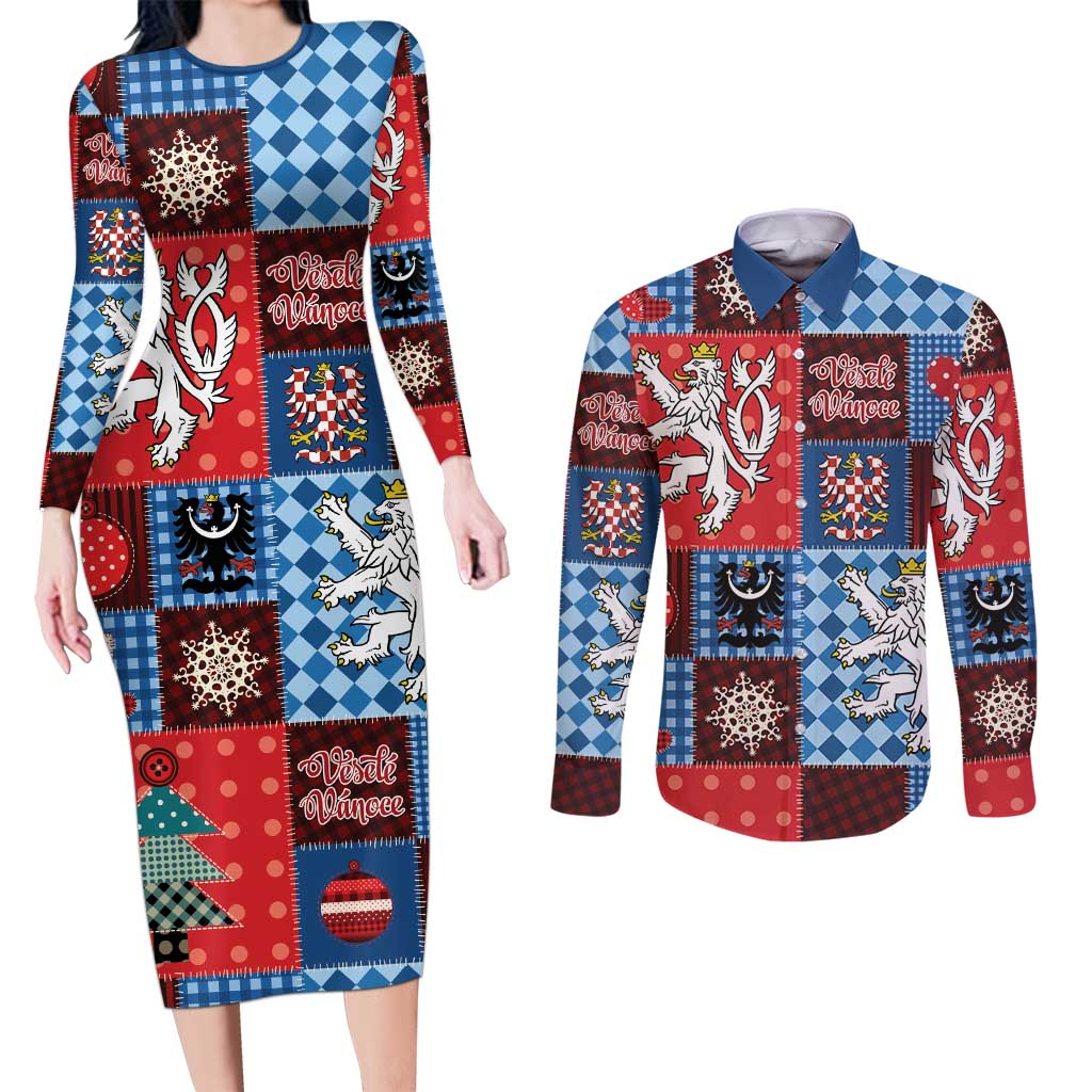 Czech Christmas Patchwork Couples Matching Long Sleeve Bodycon Dress and Long Sleeve Button Shirt - Wonder Print Shop
