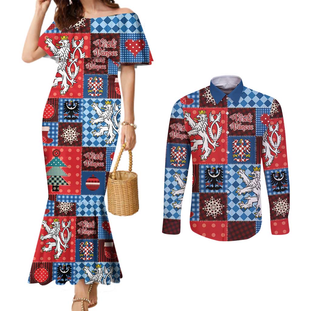 Czech Christmas Patchwork Couples Matching Mermaid Dress and Long Sleeve Button Shirt - Wonder Print Shop