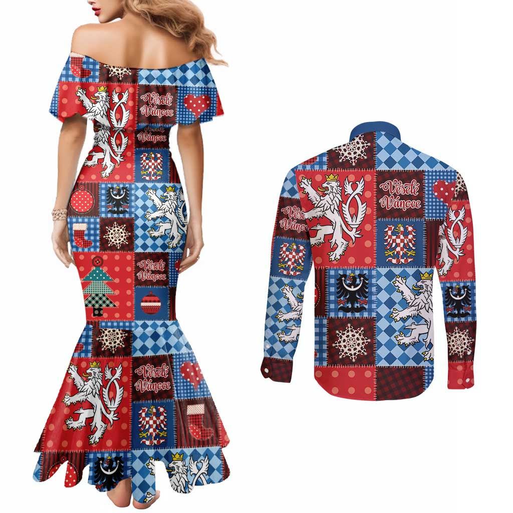 Czech Christmas Patchwork Couples Matching Mermaid Dress and Long Sleeve Button Shirt - Wonder Print Shop