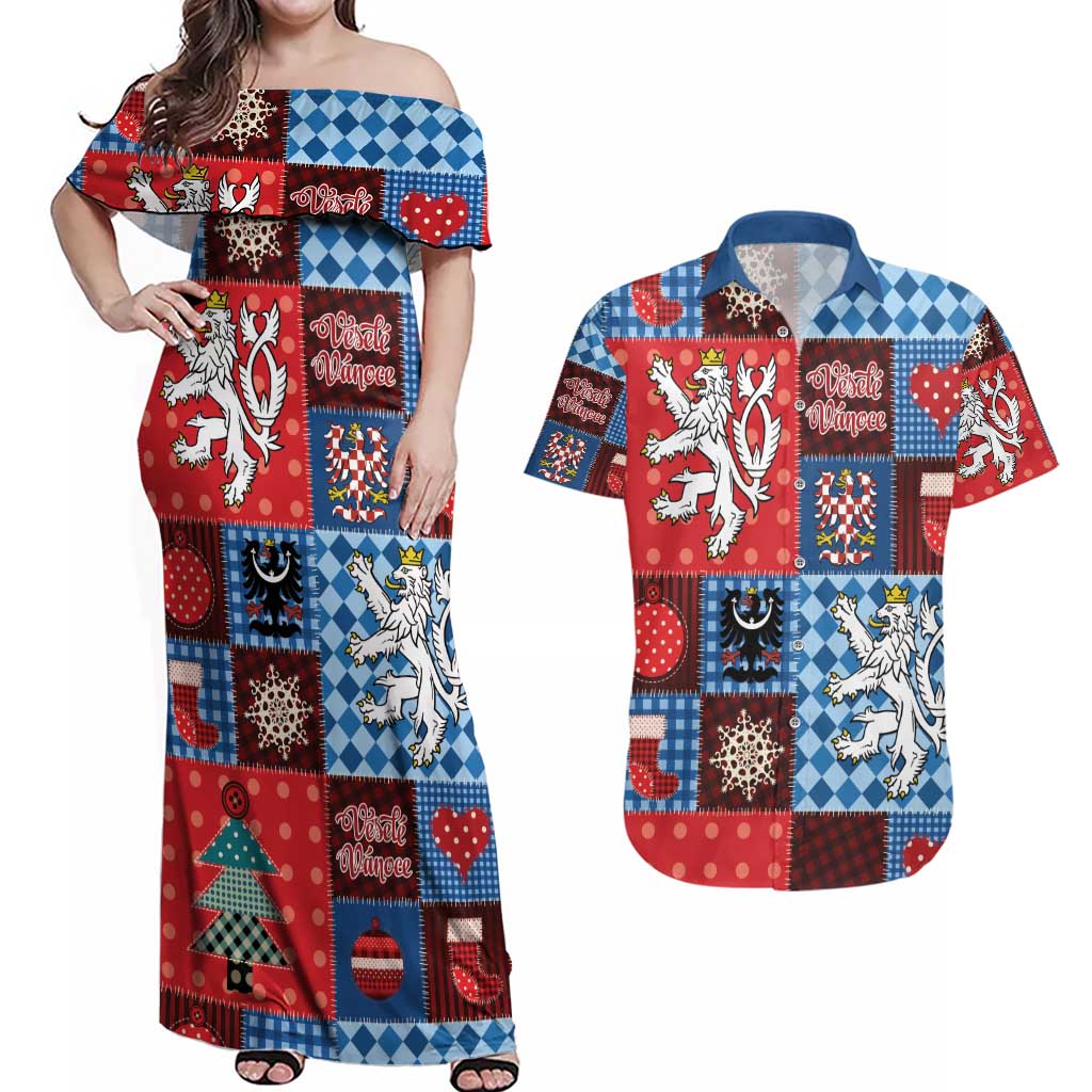 Czech Christmas Patchwork Couples Matching Off Shoulder Maxi Dress and Hawaiian Shirt - Wonder Print Shop