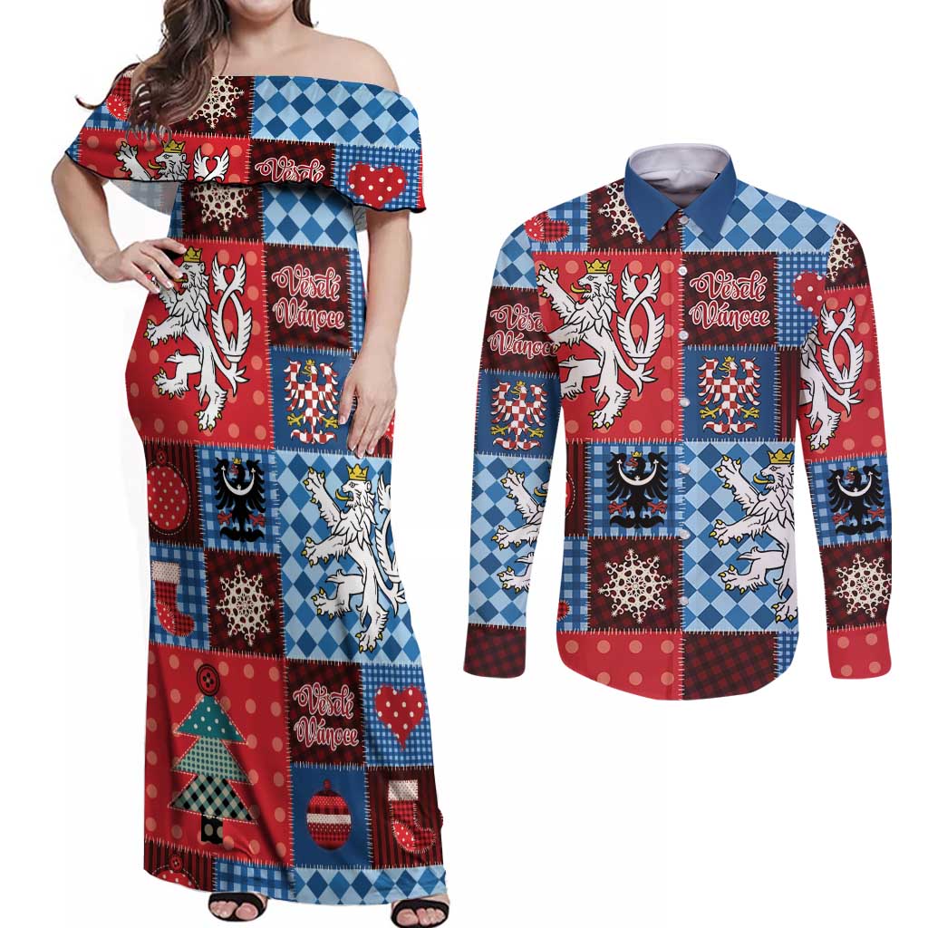 Czech Christmas Patchwork Couples Matching Off Shoulder Maxi Dress and Long Sleeve Button Shirt - Wonder Print Shop