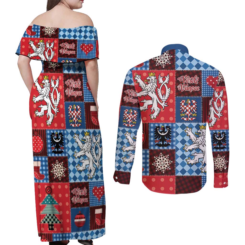 Czech Christmas Patchwork Couples Matching Off Shoulder Maxi Dress and Long Sleeve Button Shirt - Wonder Print Shop