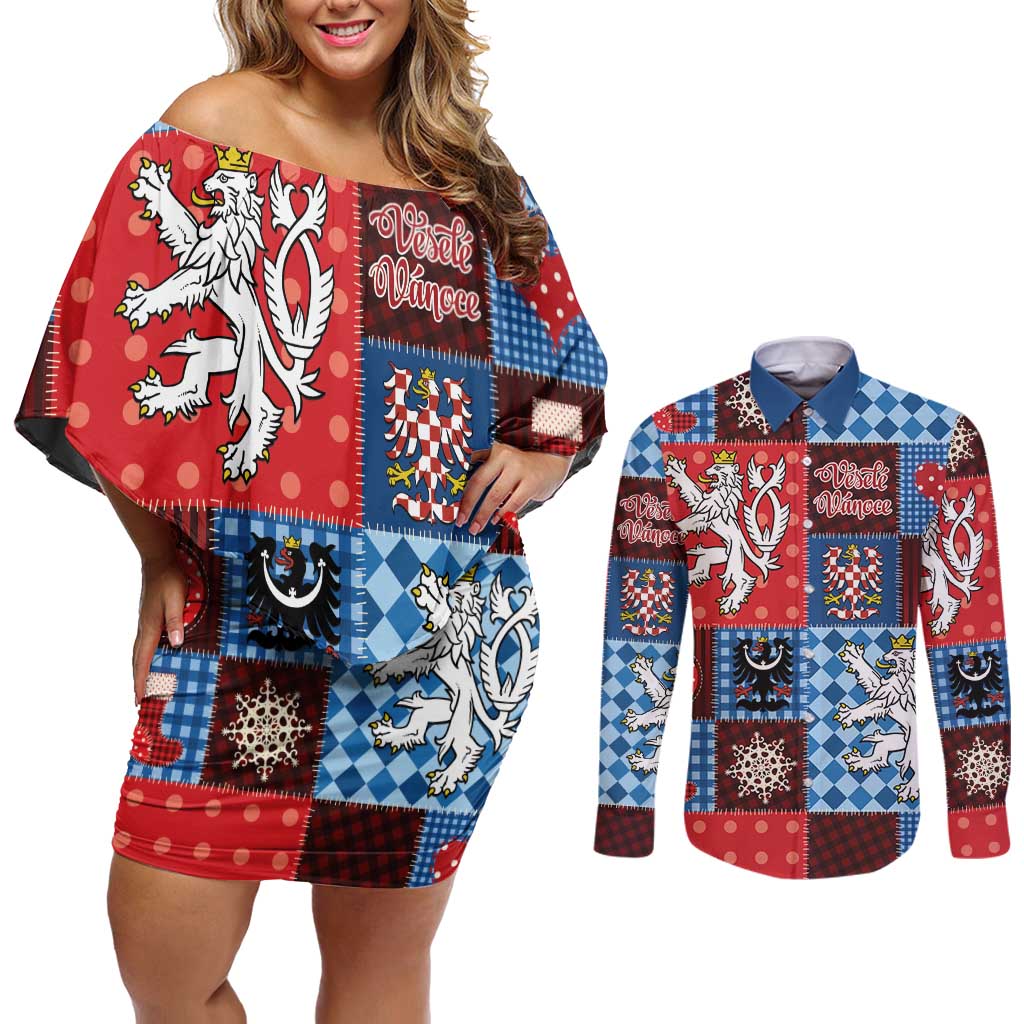 Czech Christmas Patchwork Couples Matching Off Shoulder Short Dress and Long Sleeve Button Shirt - Wonder Print Shop