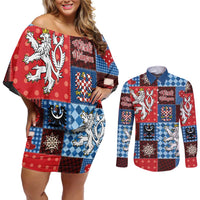 Czech Christmas Patchwork Couples Matching Off Shoulder Short Dress and Long Sleeve Button Shirt - Wonder Print Shop