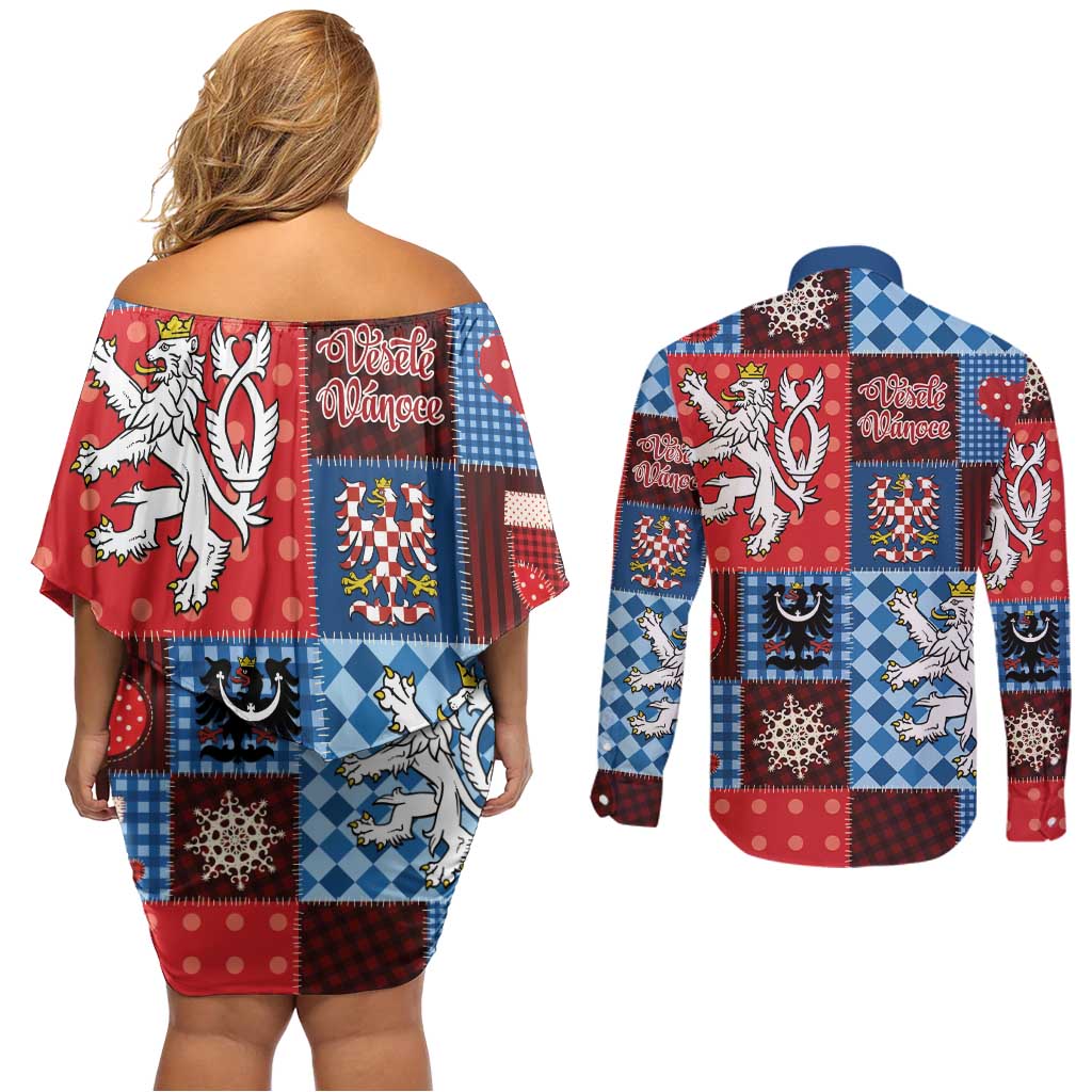 Czech Christmas Patchwork Couples Matching Off Shoulder Short Dress and Long Sleeve Button Shirt - Wonder Print Shop